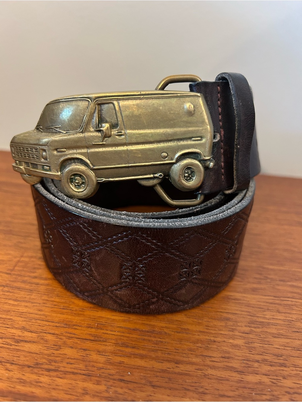 Vintage 1970s Solid Brass Baron Panel Van Buckle & Brown Leather Belt Hippie
